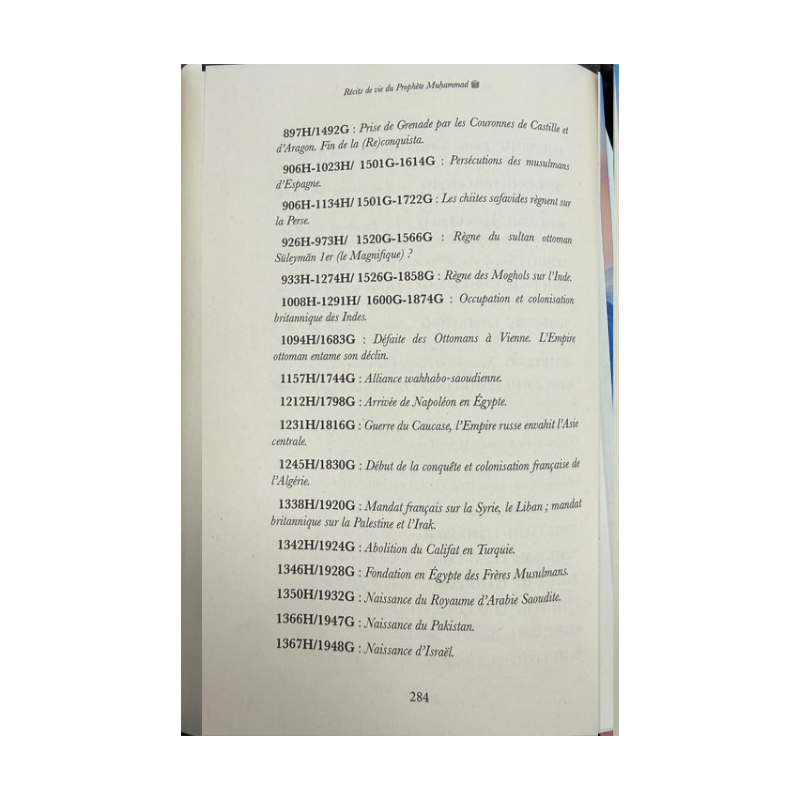Repères chronologiques, page 284 de Récits de vie du Prophète Muhammad de Renaud K. : événements historiques de 1492 à 1948.