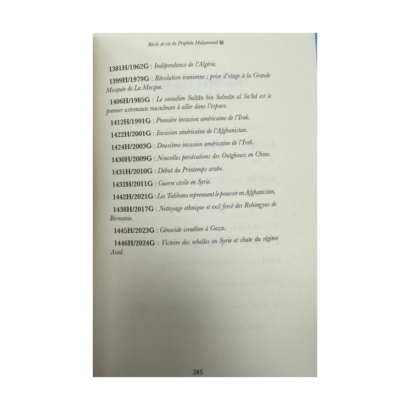 Repères chronologiques, page 285 de Récits de vie du Prophète Muhammad de Renaud K. : événements contemporains de 1962 à 2024.