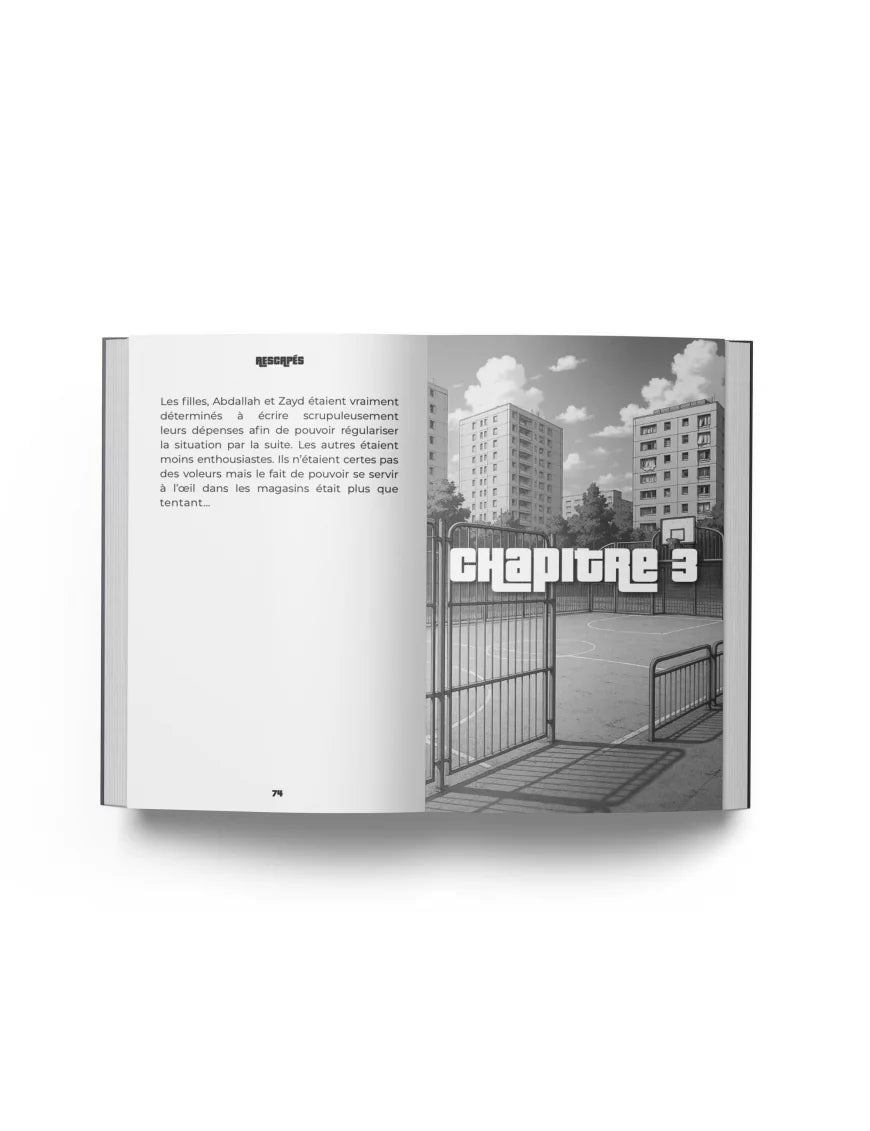 Livre Rescapés d'Alex Delagua, édité par Chamal, illustré avec une couverture colorée et une image du livre ouvert.