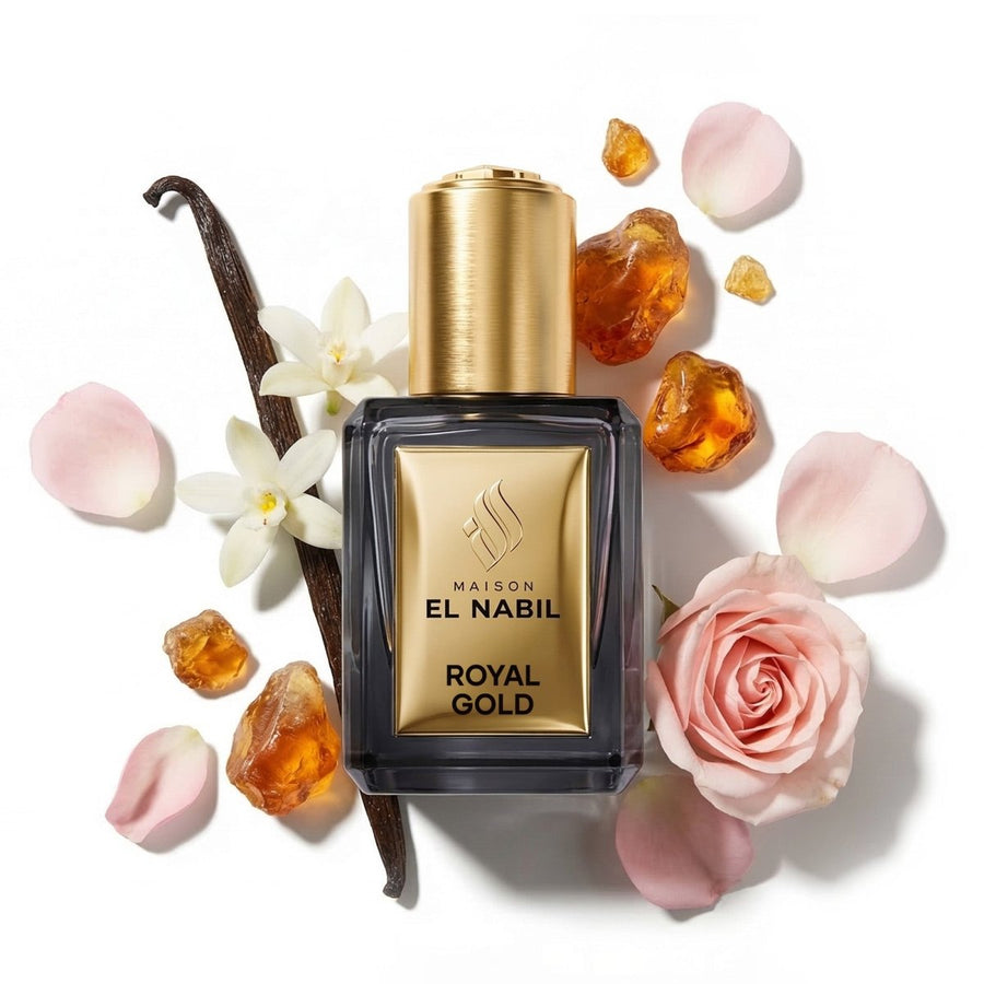 Parfum Nabil Roll-On Royal Gold 5ml, flacon en verre avec rouleau, parfum élégant et doré visible sur l'image.