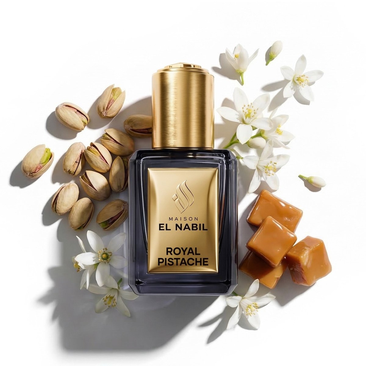 Parfum Nabil Roll-On Royal Pistache 5ml, flacon en verre avec applicateur à bille, parfum floral gourmand à la pistache et à la vanille.