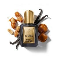 Parfum Nabil Roll-On Royal Praline 5ml, flacon en verre avec applicateur à bille, parfum gourmand oriental à la praline et à la noisette.