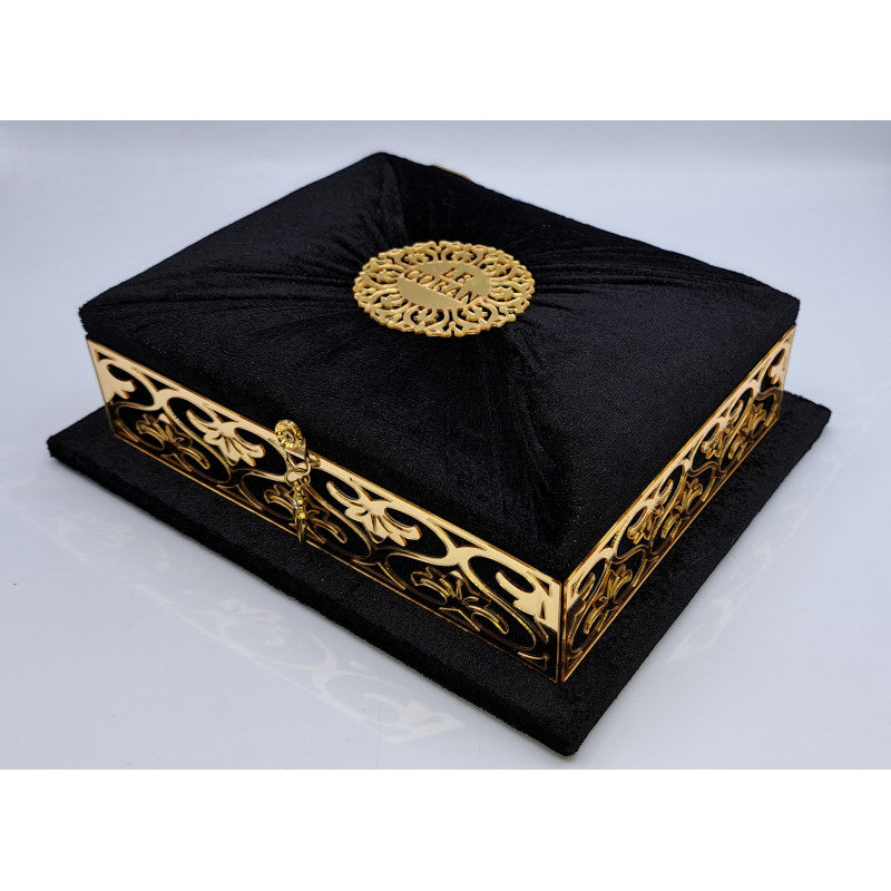 Coffret Coran luxe Sana Edition noir doré avec Coran AR/FR, design élégant et finition sophistiquée.