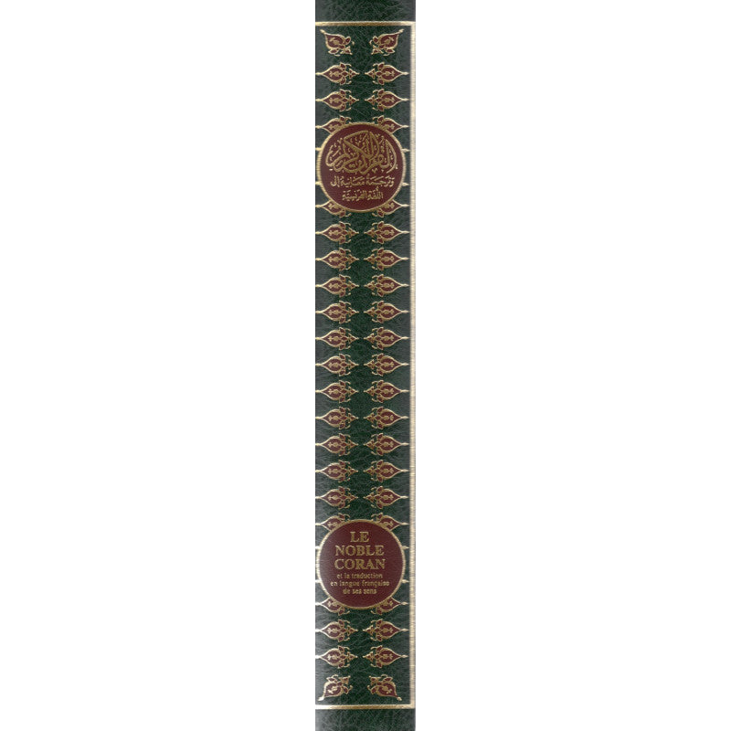 Coran arabe-français en grand format 19x22, relié vert, édition Sana, affiché ouvert avec texte religieux visible.