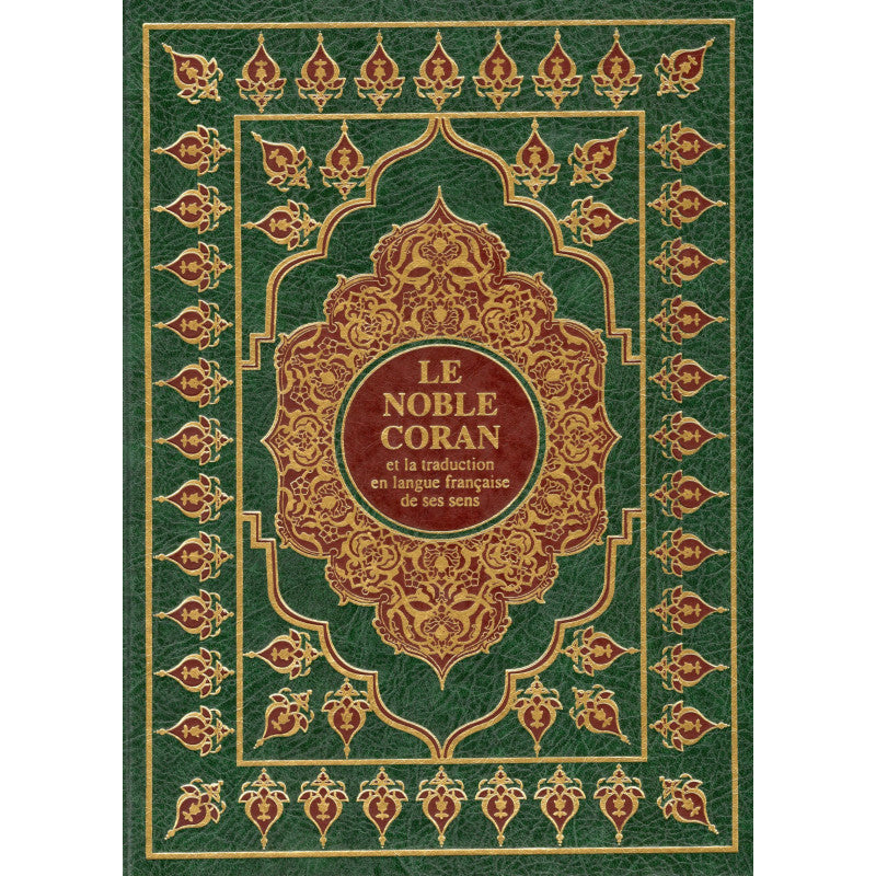 Le Coran en arabe-français, grand format 19x22 cm, édition Sana, couverture verte, vue de face avec texte visible