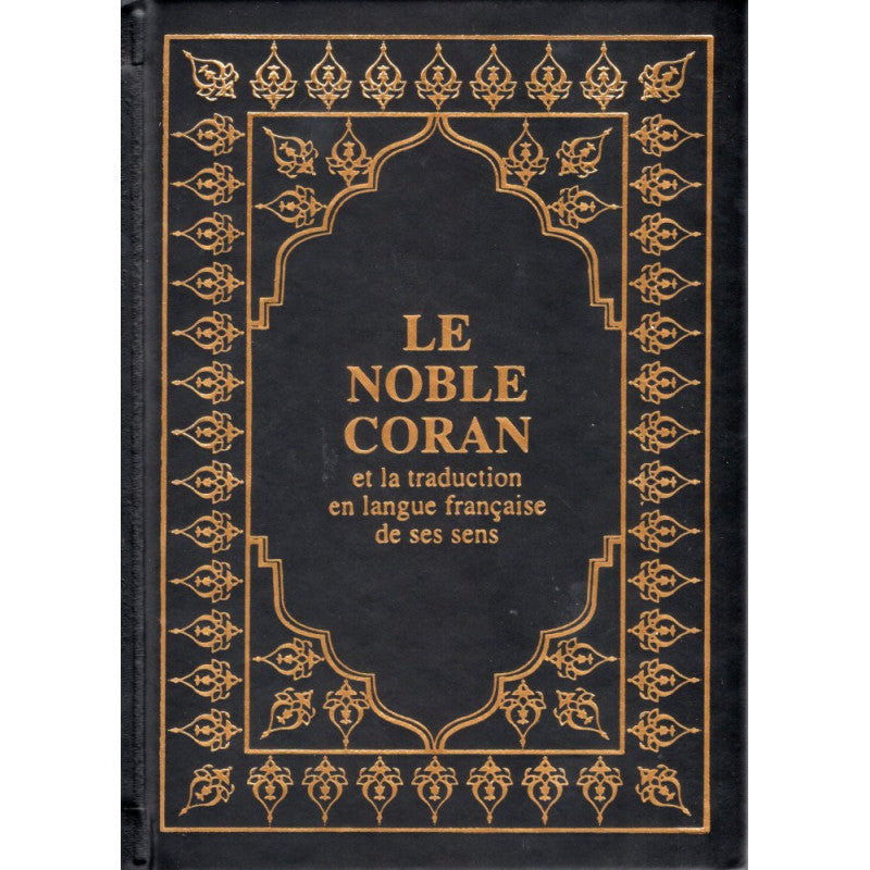 Coran arabe-français en petit format 12x17 cm noir, édition Sana, ouvert montrant des pages avec calligraphie arabe et traduction.