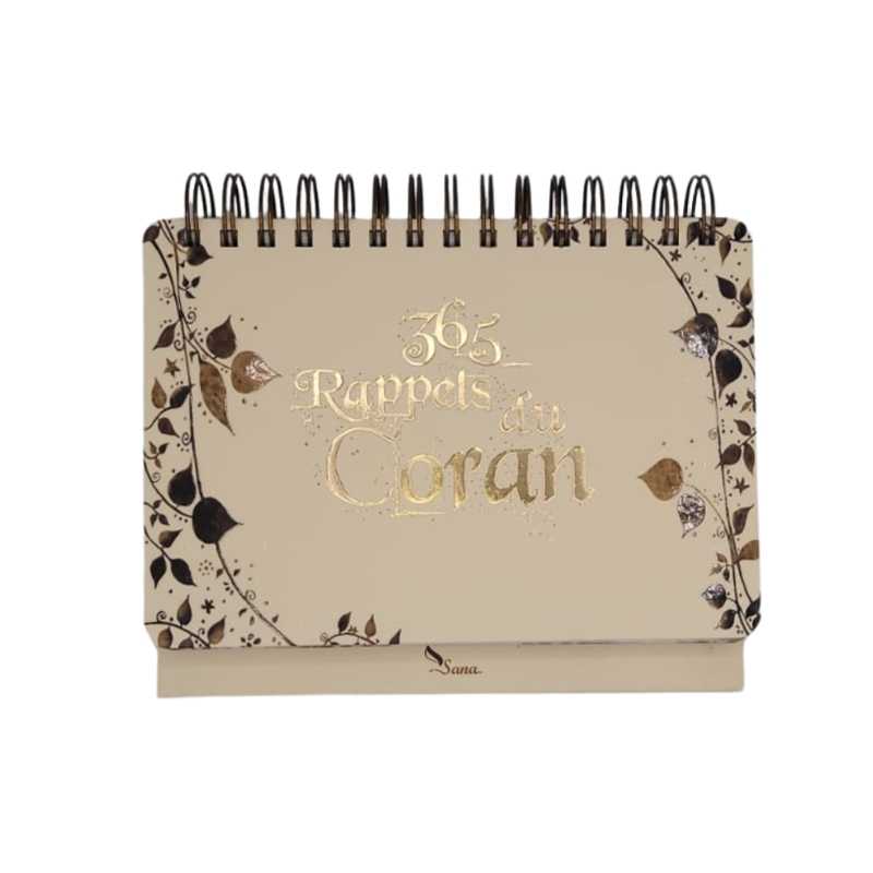 Livre "365 Rappels du Coran" de Sana Edition avec calendrier chevalet beige posé sur une surface.