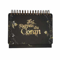 Livre "365 Rappels du Coran" de Sana Éditions avec calendrier chevalet noir, couverture avec titre blanc et design simple.
