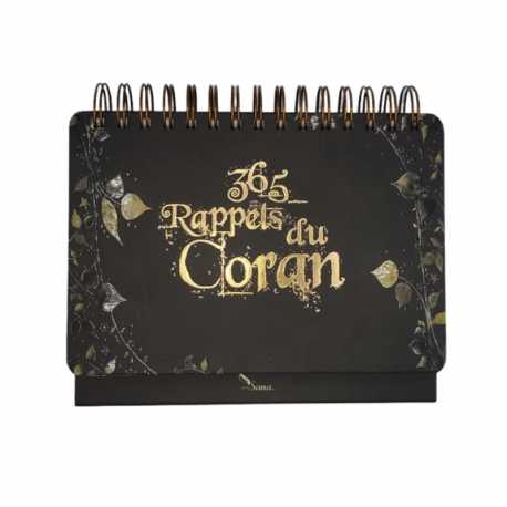 Livre "365 Rappels du Coran" de Sana Éditions avec calendrier chevalet noir, couverture avec titre blanc et design simple.
