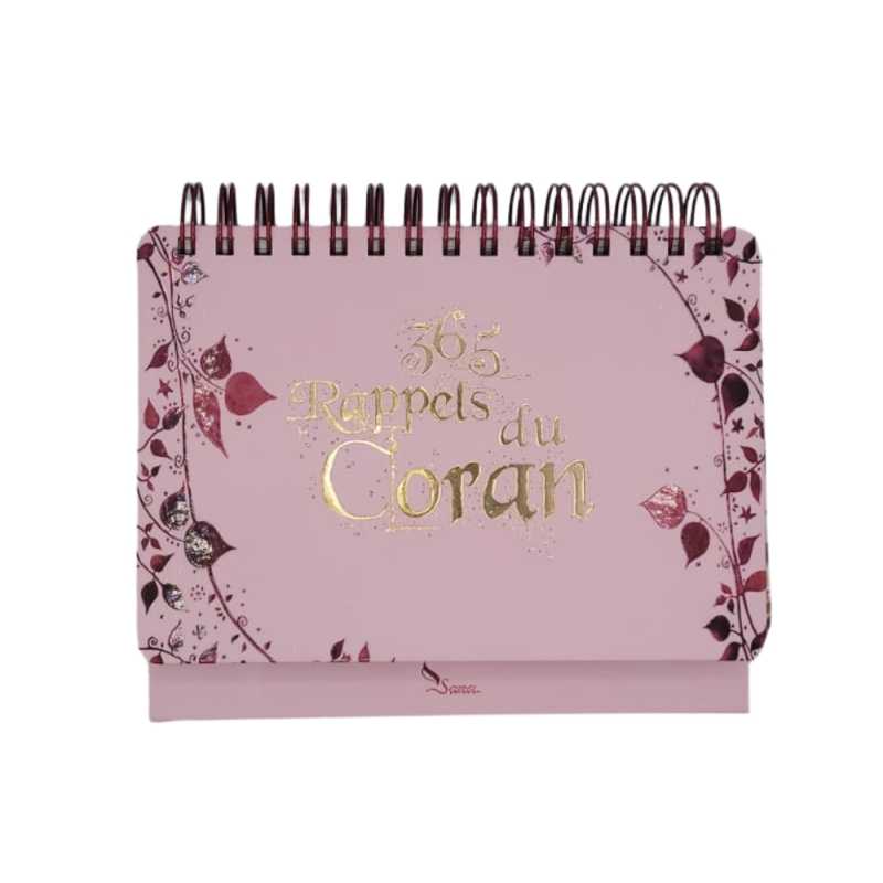 Livre 365 Rappels du Coran de Sana Édition, calendrier chevalet rose avec textes islamiques en couverture.
