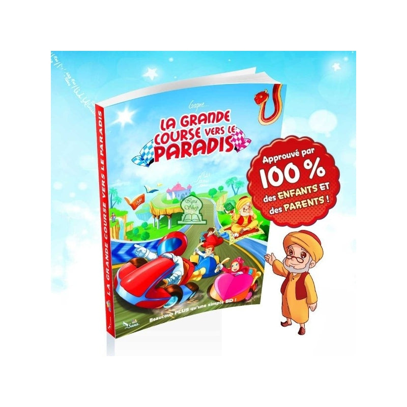 Livre pour enfants SanaKids La Grande Course Vers Le Paradis, bande dessinée avec jeux éducatifs pour enfants.