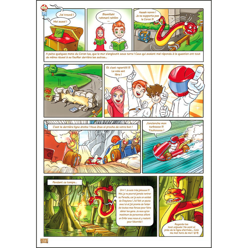 Livre pour enfants SanaKids La Grande Course Vers Le Paradis, bande dessinée avec jeux éducatifs, couverture colorée et illustrée.