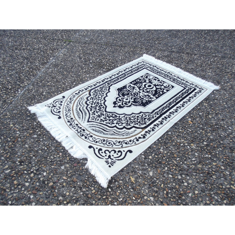 Tapis de Prière épais, Grande Taille (117 x 82 cm), Confortable - Fond Blanc & Motif Noir - Librairie Al Minhaj
