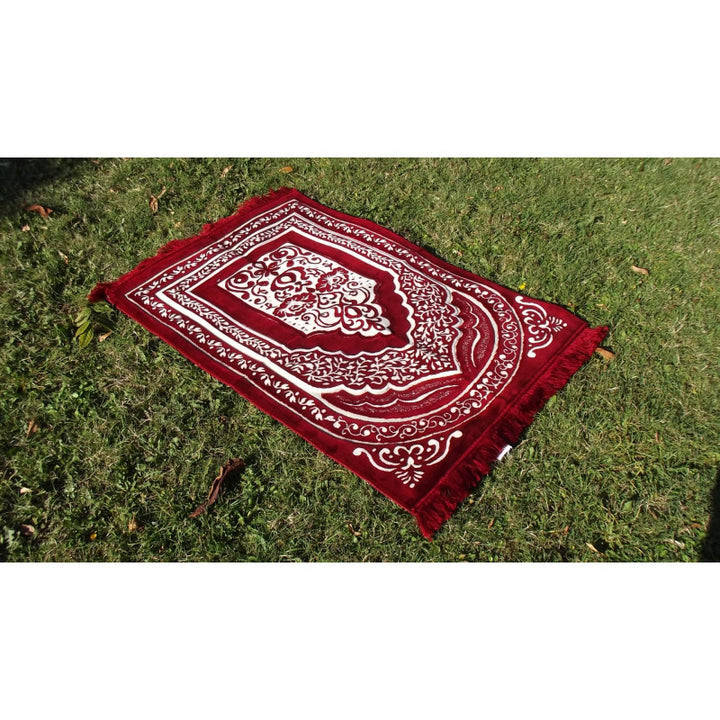 Tapis de Prière épais, Grande Taille (117 x 82 cm), Confortable - Fond Rouge & Motif Blanc