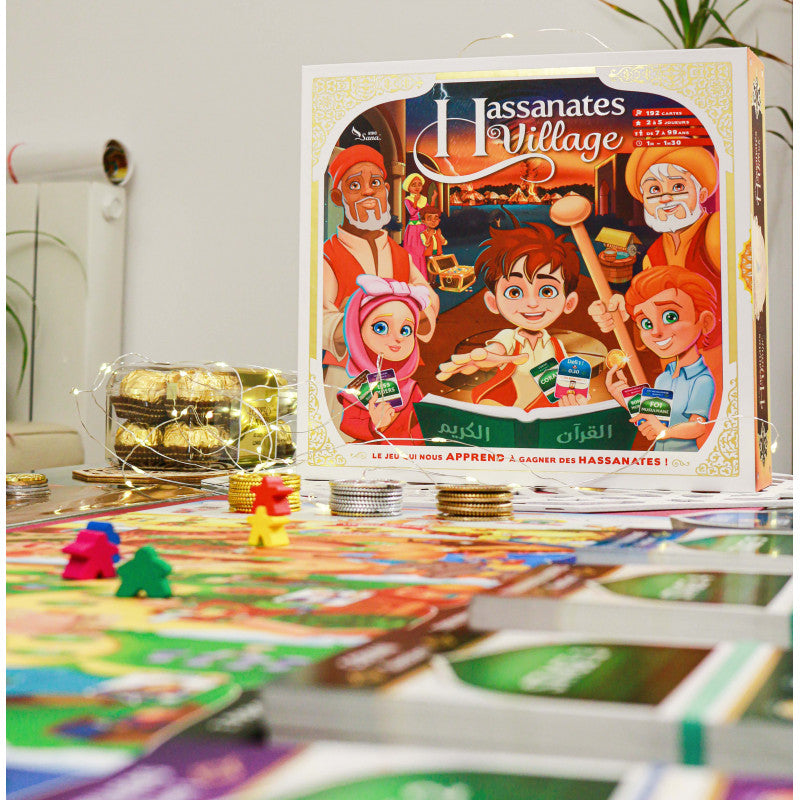 Jeu de société Hassanates Village pour tous âges, éducatif et ludique, par SanaKids, avec illustrations colorées et pièces de jeu.