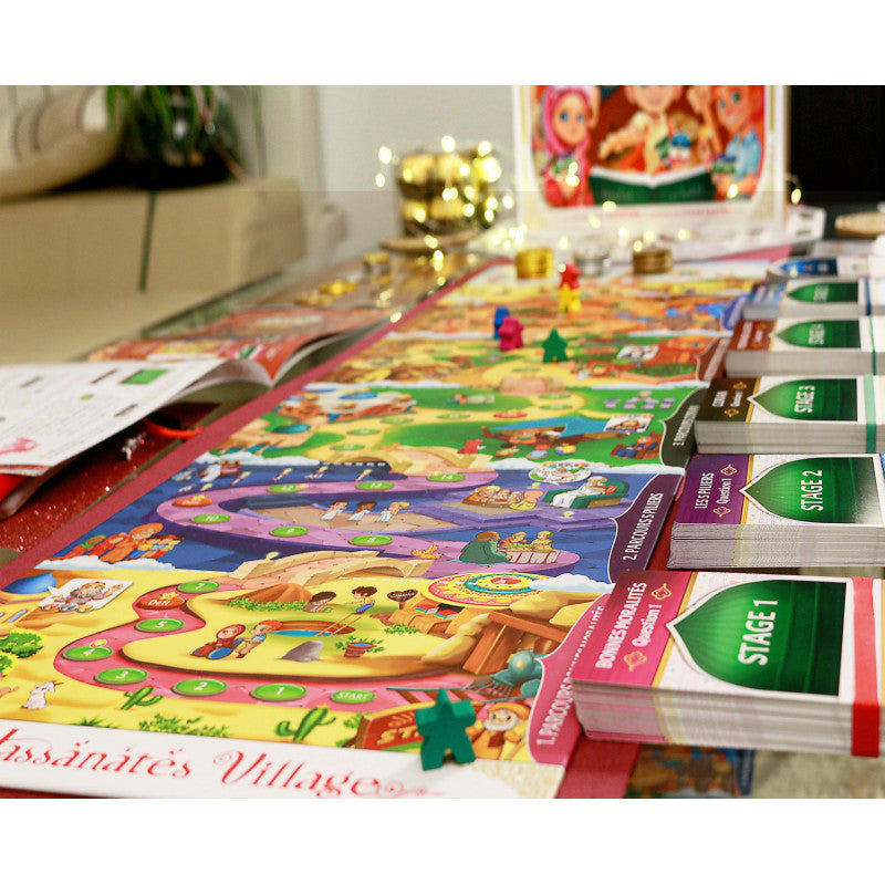 Jeu de société éducatif Hassanates Village par Sana Kids pour enfants de 7 à 99 ans, avec plateau coloré et pièces de jeu.