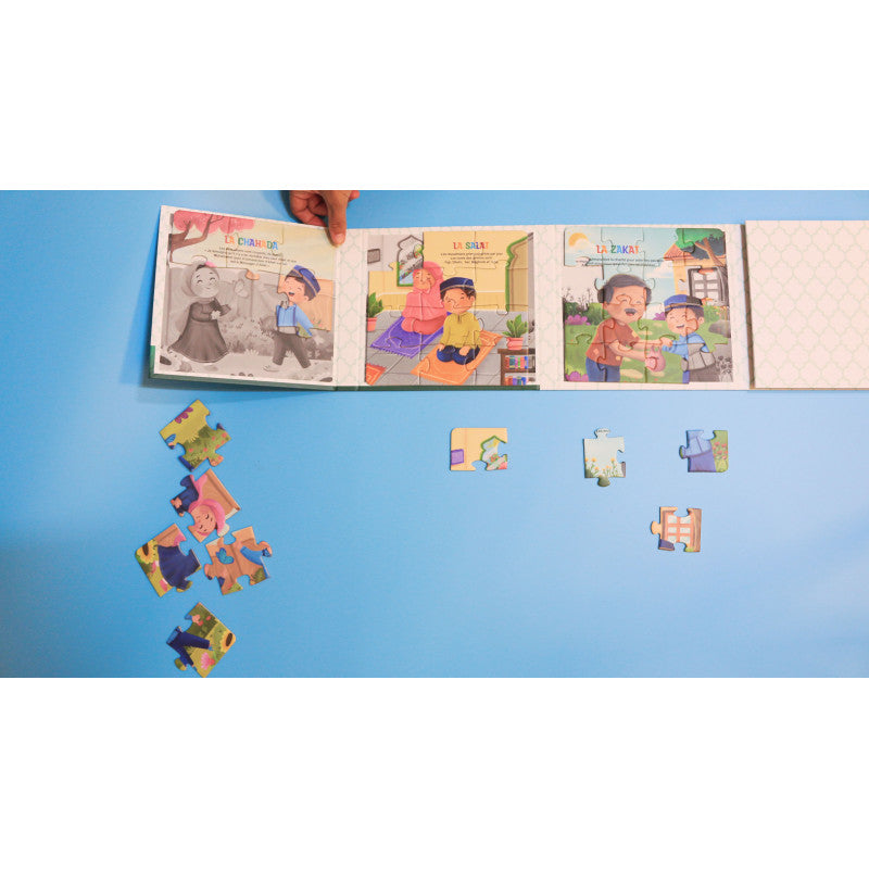Livre puzzle magnétique sur les 5 piliers de l'Islam, jeux éducatif SanaKids avec 5 puzzles magnétiques pour apprendre en s'amusant.
