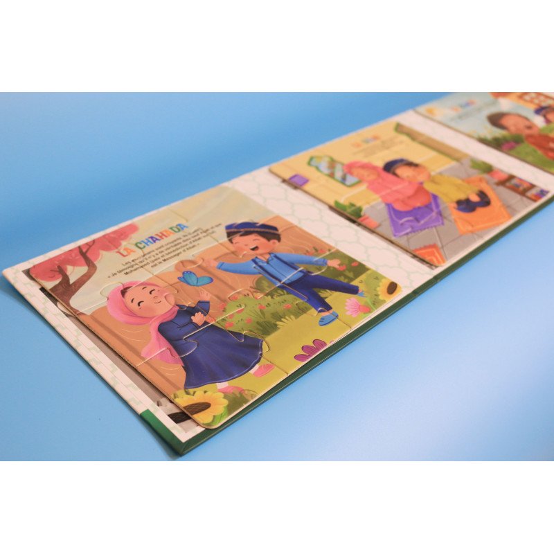 Livre puzzle magnétique éducatif de SanaKids illustrant les 5 piliers de l'Islam avec 5 puzzles magnétiques pour enfants.