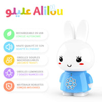 Jouet électronique pour enfant SanaKids ALILOU Le Petit Lapinou Mouslim, veilleuse ludo-éducative bleue pour enfants musulmans.