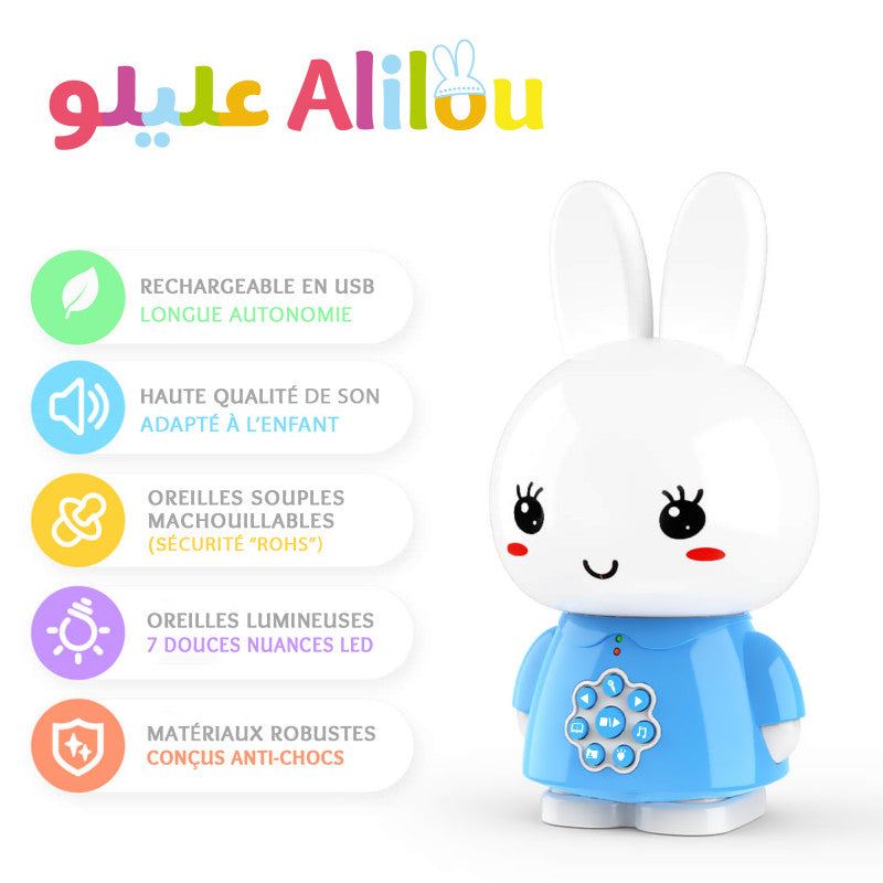 Jouet électronique pour enfant SanaKids ALILOU Le Petit Lapinou Mouslim, veilleuse ludo-éducative bleue pour enfants musulmans.