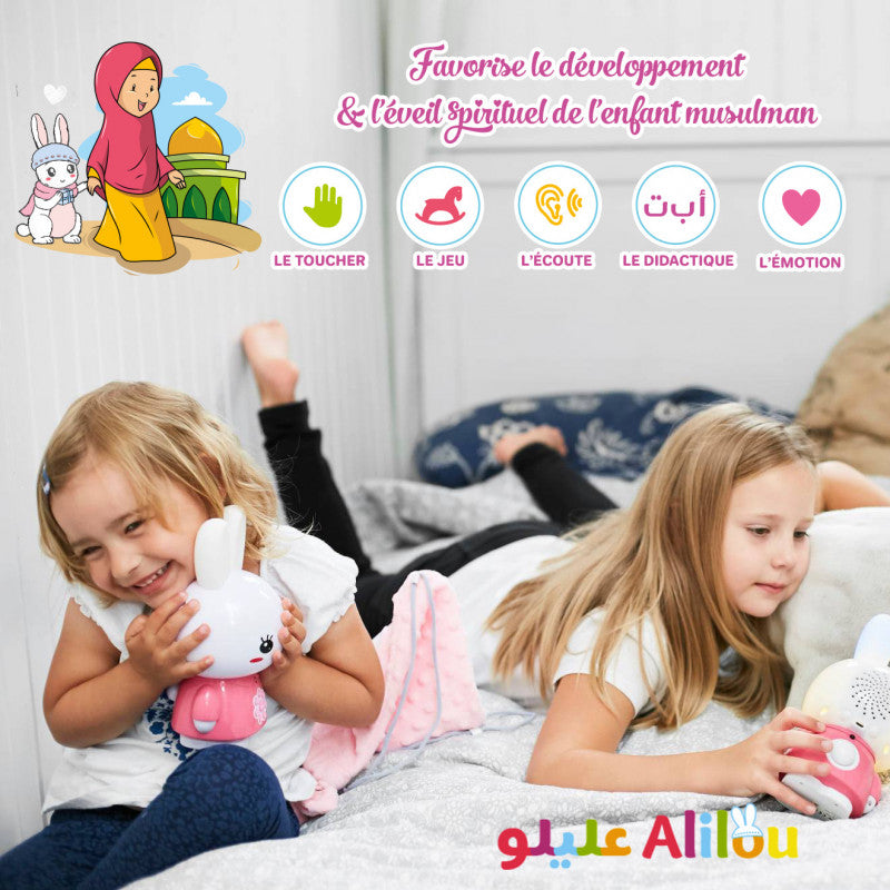 Jeu électronique pour enfant SanaKids ALILOU Le Petit Lapinou Mouslim, jouet éducatif et veilleuse en bleu pour enfants musulmans.