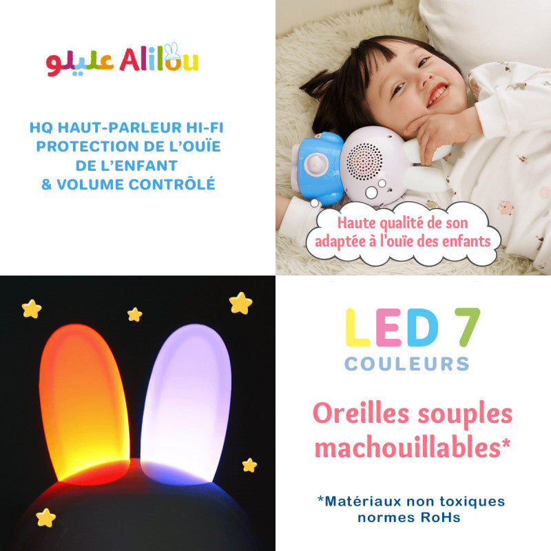 Jeu électronique pour enfants SanaKids ALILOU Le Petit Lapinou Mouslim, veilleuse ludo-éducative pour enfants musulmans, en bleu.