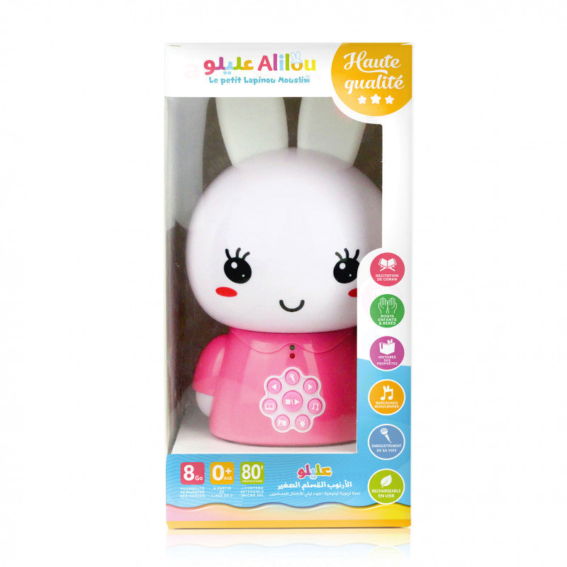 Jeu électronique pour enfants SanaKids, jouet et veilleuse Le Petit Lapinou Mouslim, design bleu, ludo-educatif pour enfants musulmans.