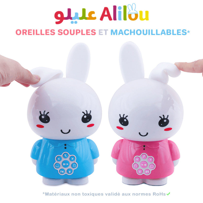 Jeu électronique pour enfants SanaKids ALILOU Le Petit Lapinou Mouslim en bleu, jouet éducatif et veilleuse pour enfants musulmans.