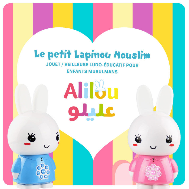 Jeu électronique pour enfants ALILOU Le Petit Lapinou Mouslim de SanaKids, jouet veilleuse éducatif bleu pour enfants musulmans.
