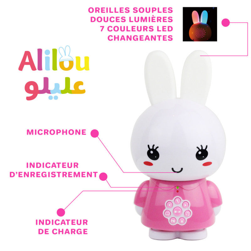 Jeu électronique pour enfant Alilou Le Petit Lapinou Mouslim par SanaKids, jouet éducatif et veilleuse pour enfants musulmans.