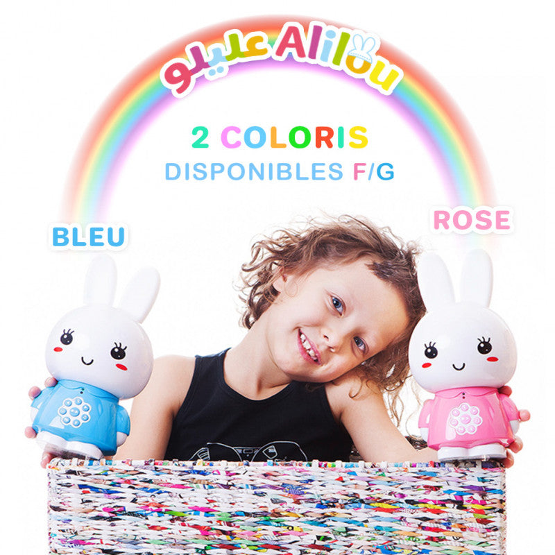 Jeu électronique pour enfants Alilou Le Petit Lapinou Mouslim de SanaKids, jouet éducatif et veilleuse bleue pour enfants musulmans.