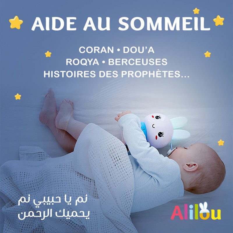 Jeu électronique pour enfant Alilou Le Petit Lapinou Mouslim de SanaKids, jouet lumineux et éducatif pour enfants musulmans, en bleu.