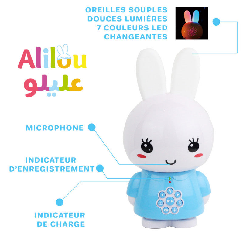 Jeu électronique pour enfants SanaKids, Lapinou Mouslim Alilou, veilleuse et jouet éducatif bleu pour enfants musulmans.