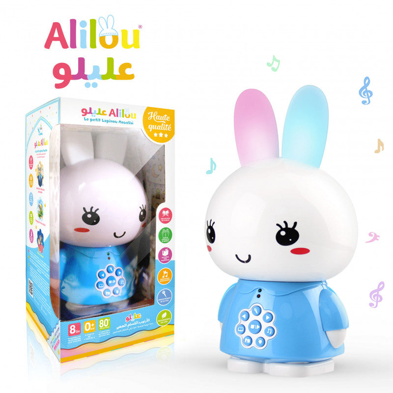 Jeu électronique pour enfants ALILOU Le Petit Lapinou Mouslim de SanaKids, jouet éducatif et veilleuse pour enfants musulmans, en bleu.