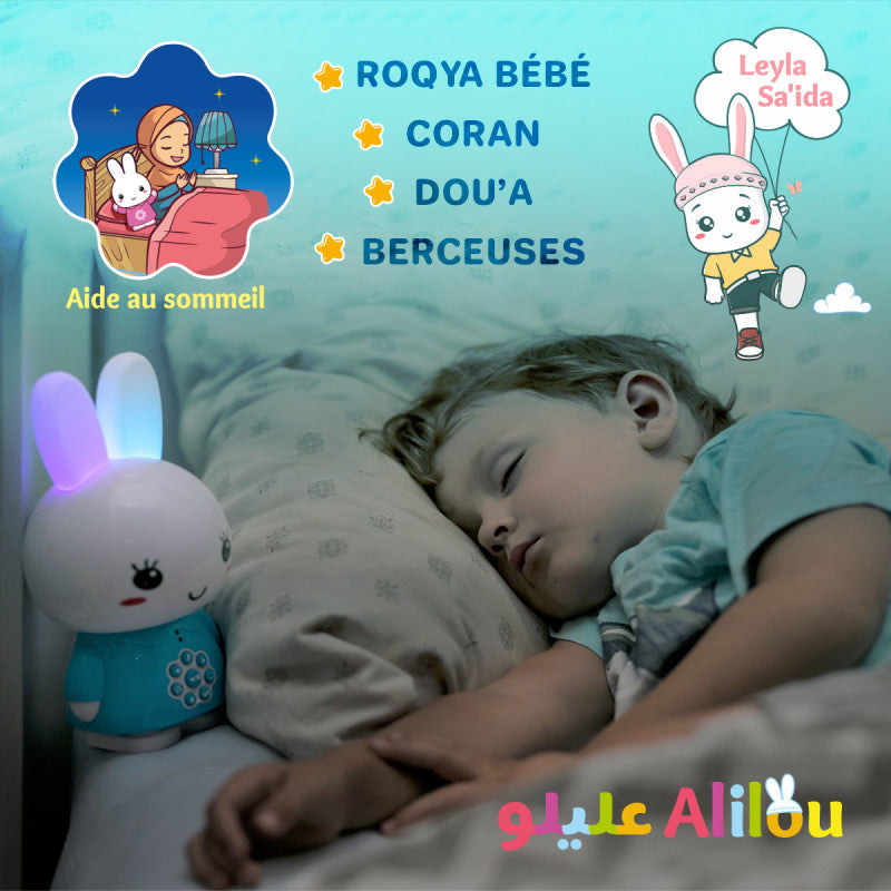 Jouet électronique ALILOU Le Petit Lapinou Mouslim de SanaKids, veilleuse ludo-éducative pour enfants musulmans, en bleu.