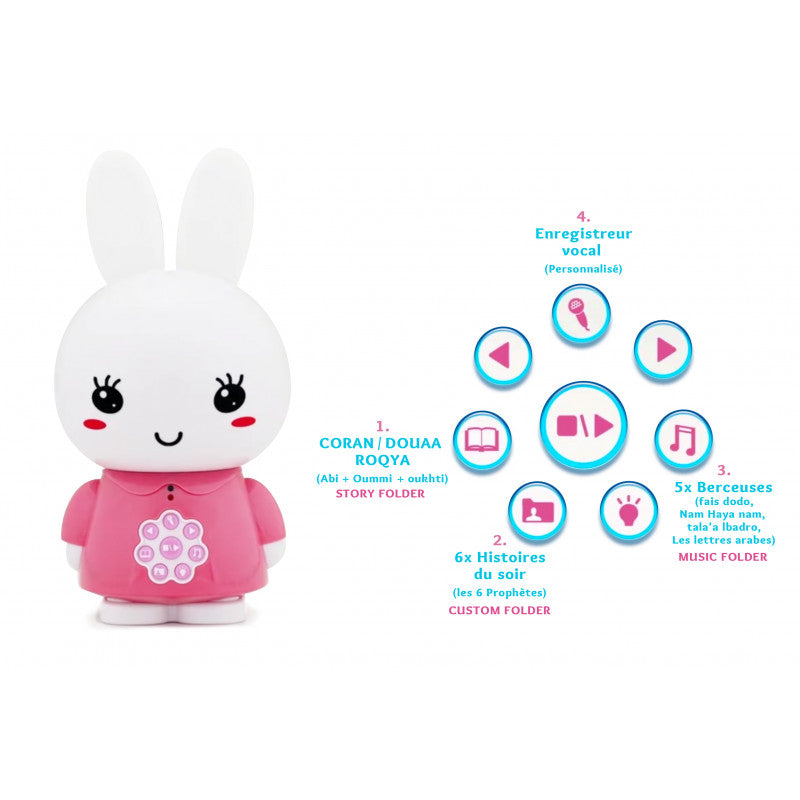 Jeu électronique pour enfants Alilou Le Petit Lapinou Mouslim de SanaKids, veilleuse ludo-éducative pour enfants musulmans, en bleu.
