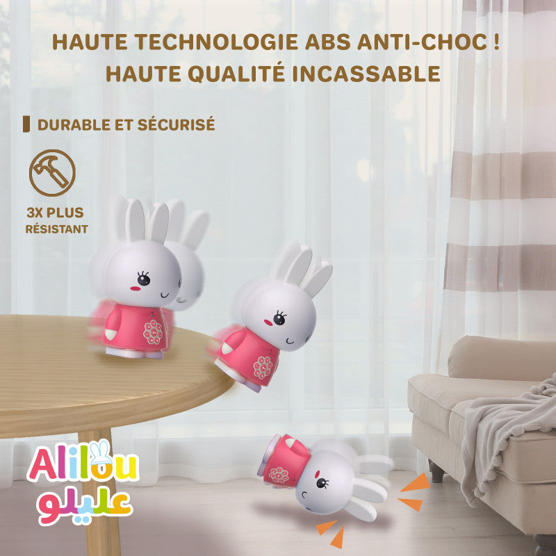 Jeu électronique pour enfant Alilou Le Petit Lapinou Mouslim de SanaKids, jouet éducatif et veilleuse en bleu pour enfants musulmans.