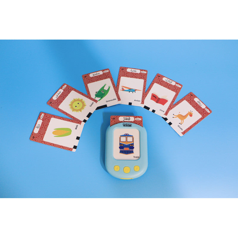 Cartes flash parlantes de l'alphabet arabe pour enfants, jeu électronique éducatif Sana Kids avec illustrations colorées.