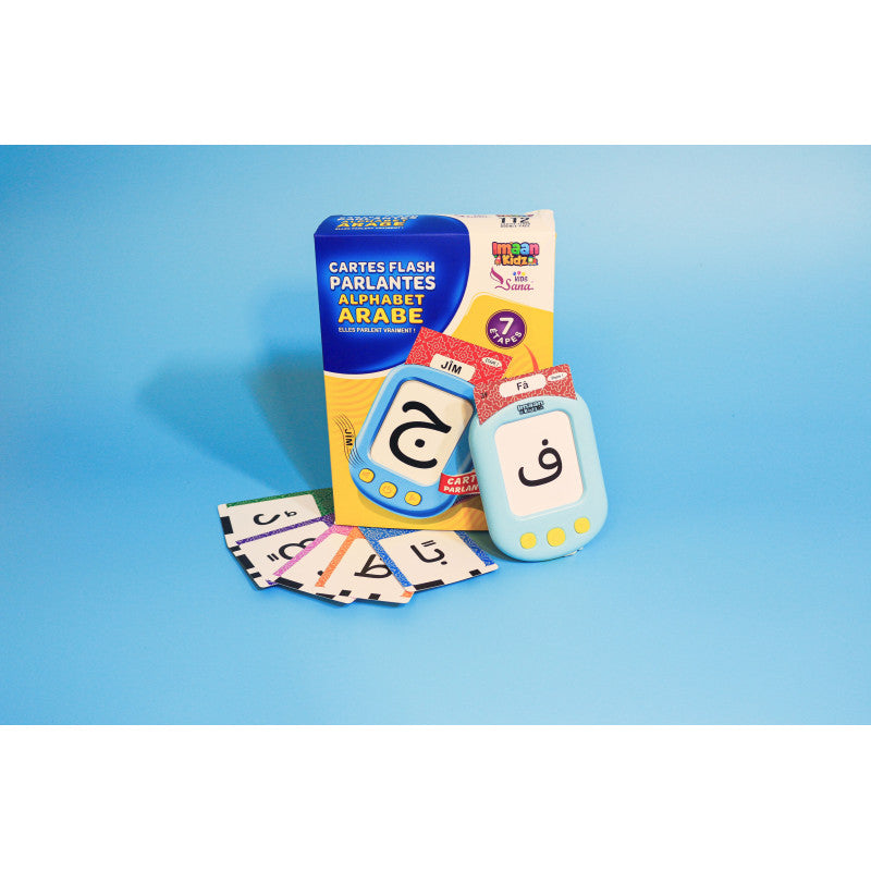 Cartes flash parlantes de l'alphabet arabe pour enfants, jeu électronique éducatif de Sana Kids avec illustrations colorées.