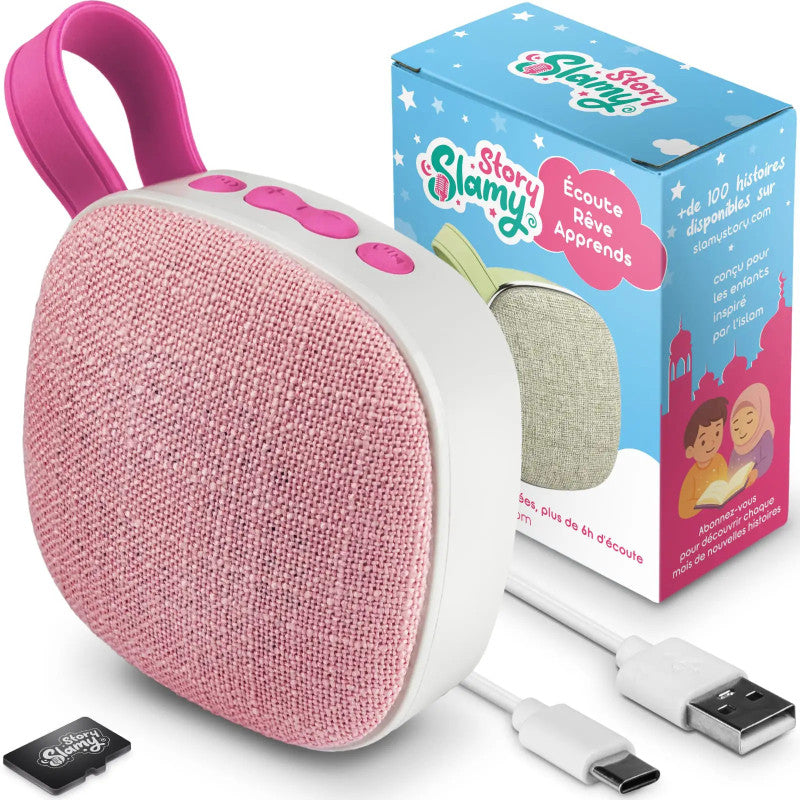 Jeu électronique pour enfants SlamyStory Conteuse Audio Éducative Islamique, modèle Rose des Rêves, avec bouton et écran coloré.
