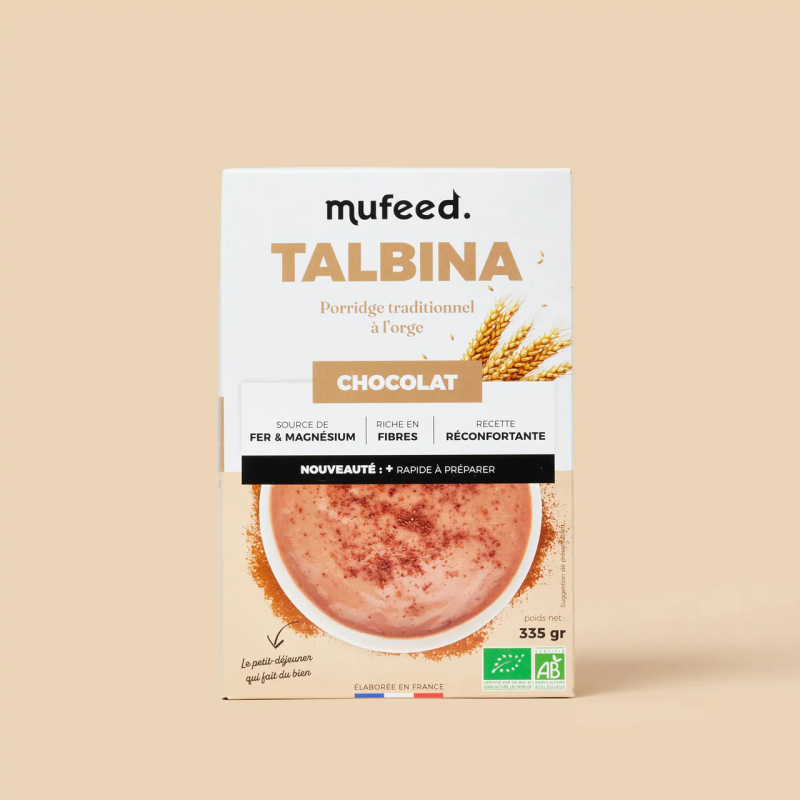 Porridge traditionnel à l’orge bio Mufeed, saveur chocolat, présenté dans un bol pour un petit-déjeuner sain.