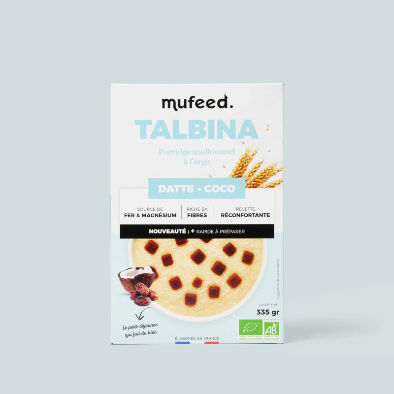 Porridge traditionnel biologique Talbina Bio avec dattes et noix de coco, prévu pour un petit-déjeuner sain, de marque Mufeed.