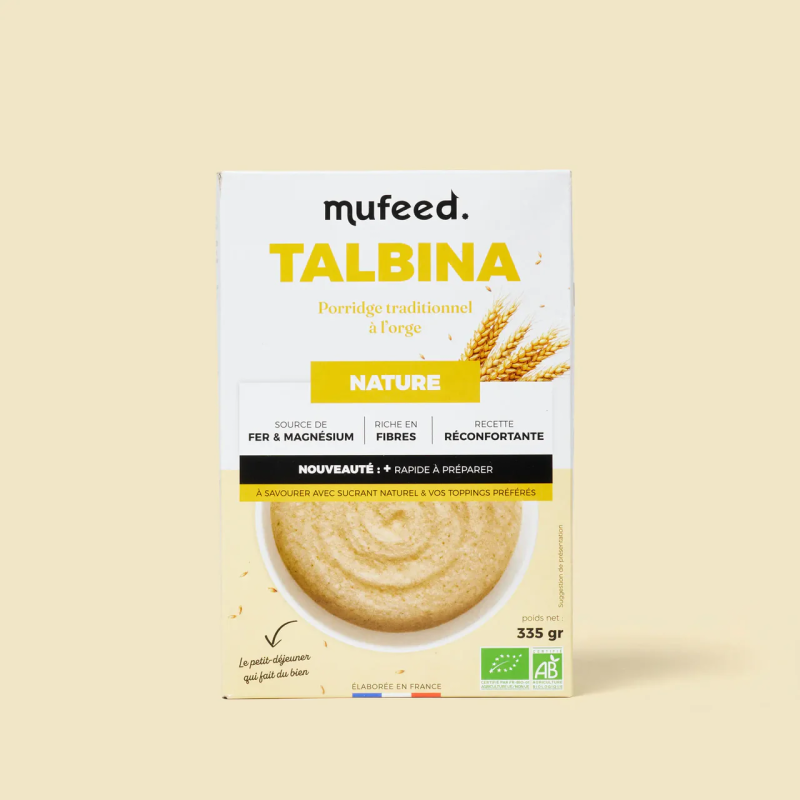 Porridge traditionnel Bio Talbina Nature à l’orge dans un bol, produit d’alimentation sain de la marque Mufeed, 335 g
