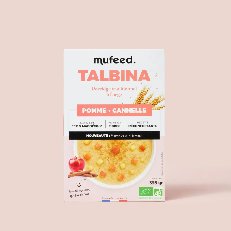 Porridge biologique Talbina Bio à la pomme et cannelle de Mufeed, préparé avec de l’orge pour un petit-déjeuner sain.