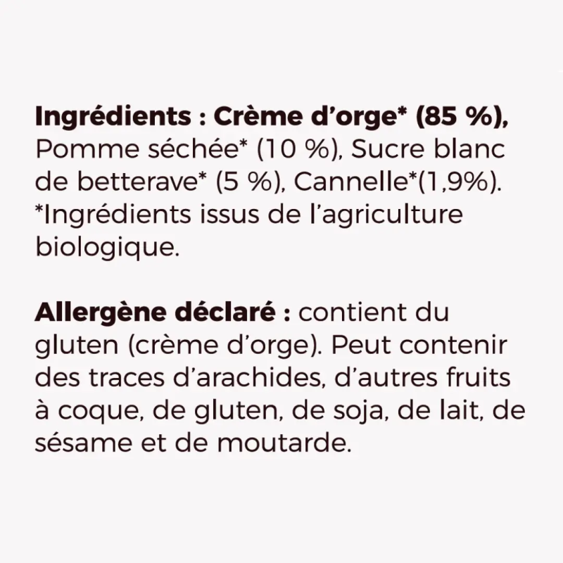 Porridge traditionnel bio Mufeed Talbina Pomme Cannelle, à base d'orge, présenté dans un bol pour un petit-déjeuner sain.