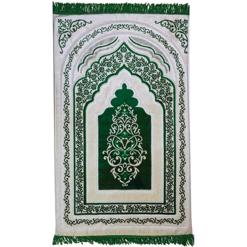 Tapis de prière orthopédique Sana Edition en microfibre vert, grande épaisseur de 25 cm, confort et douceur.