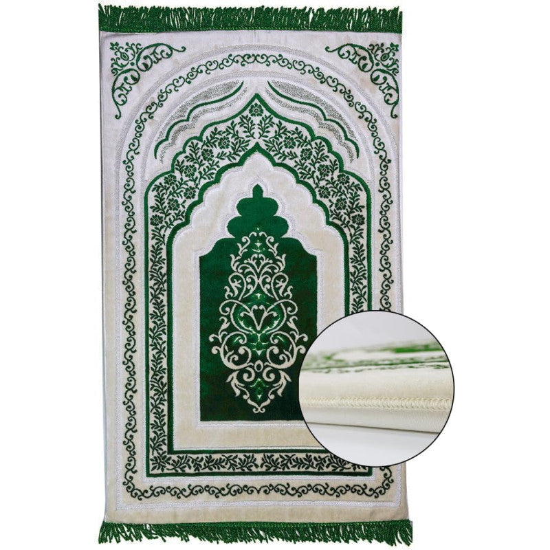 Tapis de prière en microfibre vert de Sana Edition, confort orthopédique avec mémoire de forme, épaisseur de 2,5 cm.