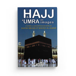 Livre Tawbah Edition sur le Hajj et l'Umra en images, par Ibn Baz et Albani, couverture avec titre et illustrations.