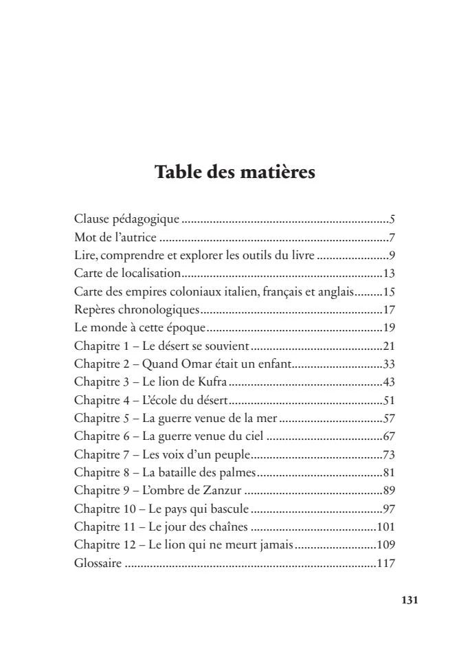 Table des matières du Tome 1 Debout dans le désert sur Omar al-Mokhtar – page 1
