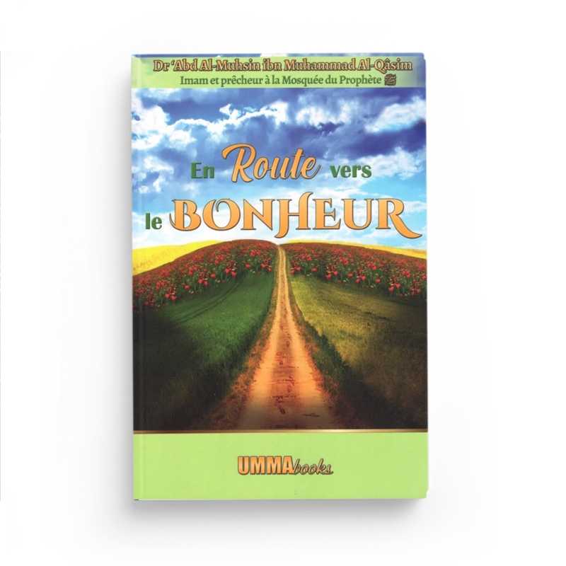Livre "En Route Vers le Bonheur" d'Umma Books, couverture avec titre en arabe et français, style bibliographique.
